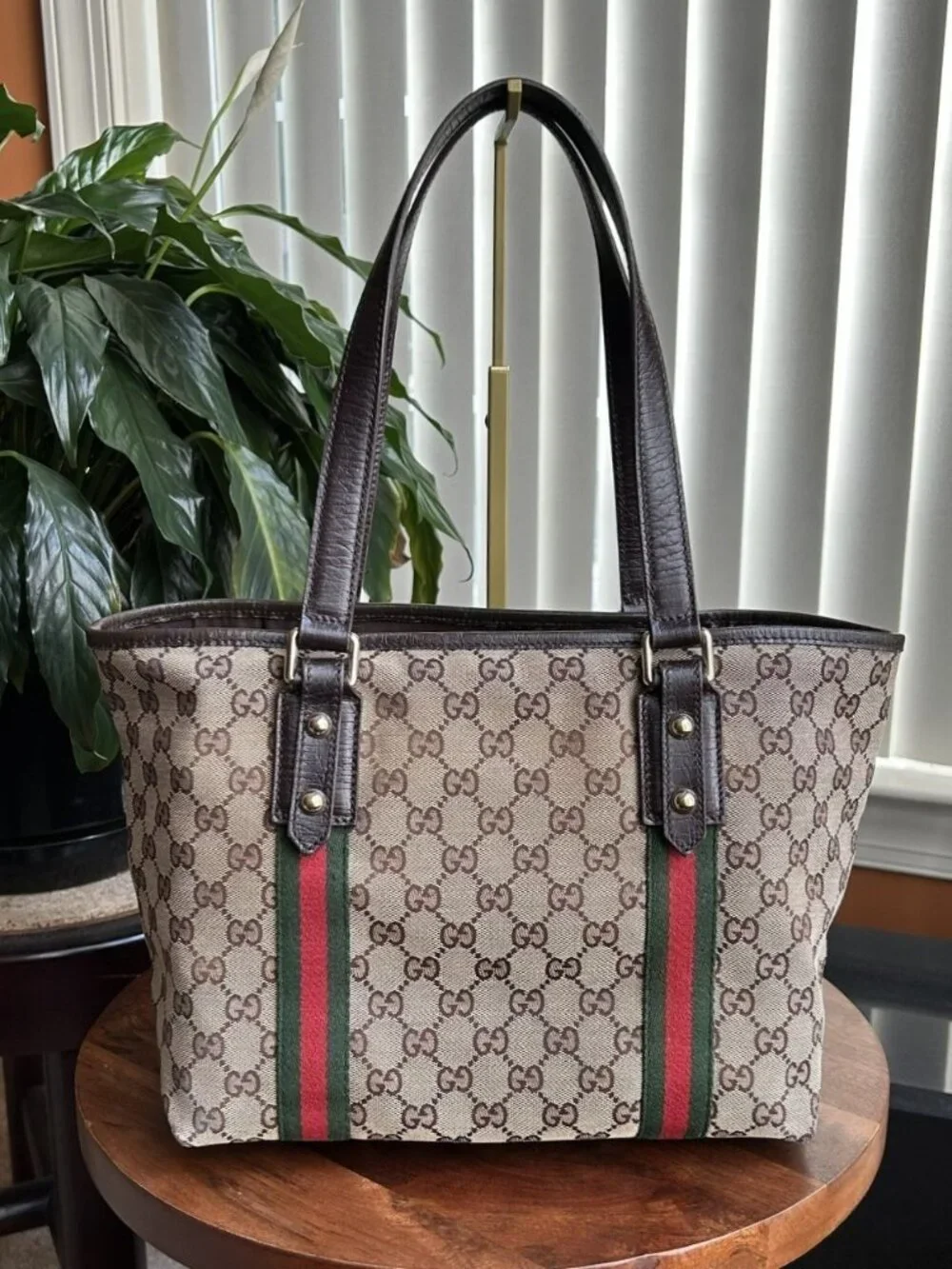 GUGGI GG Supreme Monogram Sherry Web Tote, Tan, Brown